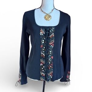 Cabo Y2k Black Beaded Boho Long Sleeve Lace Up Front
and Cuffs, Size XL